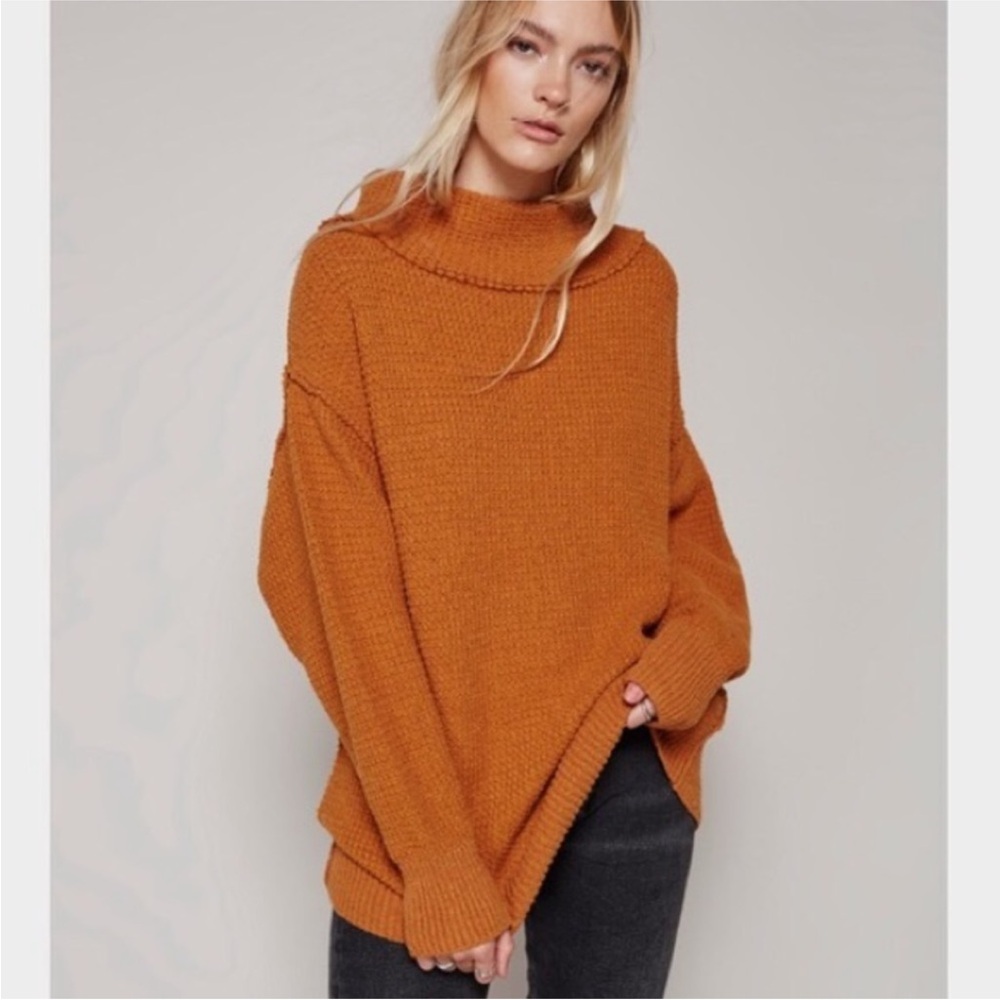 FREE PEOPLE Livvy Mock Neck Knit Oversize Sweater Burnt Orange Brown Cotton Sz S